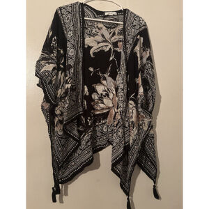 Nine West Floral Kimono Wrap Topper Black Tan Boho Tassel Trim One Size OS